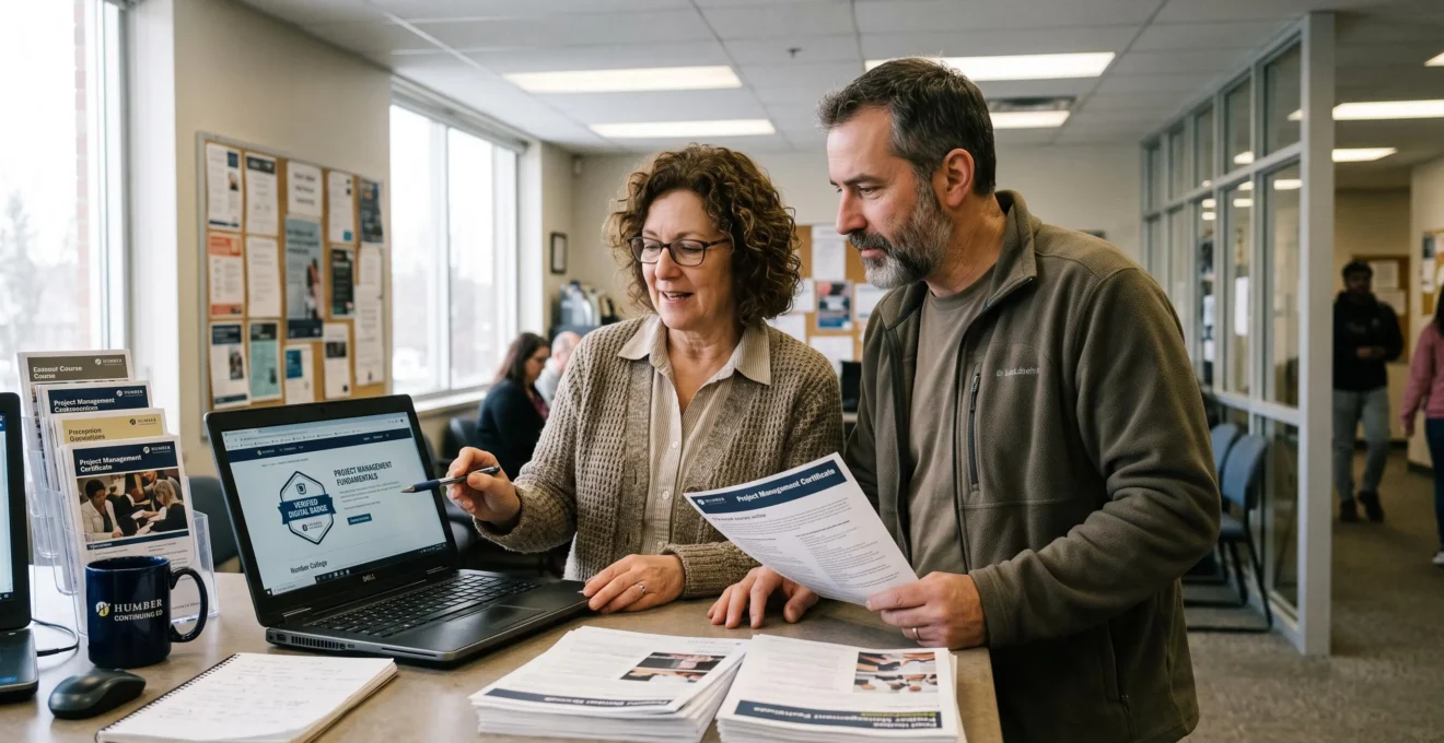 A continuing-education advisor at a Canadian college desk shows an adult learner how to verify a digital badge on a laptop.