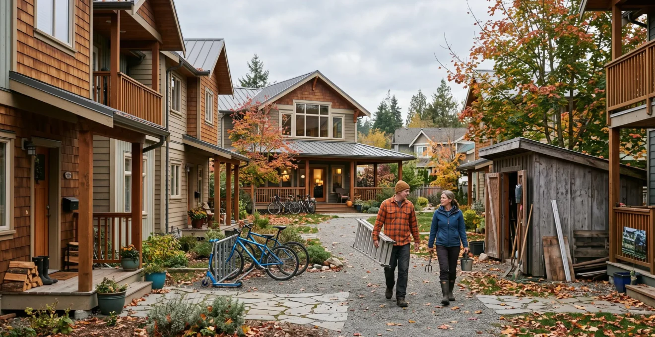 Residents walking through the shared courtyard of a co-housing community with private entrances and a common house in the background.