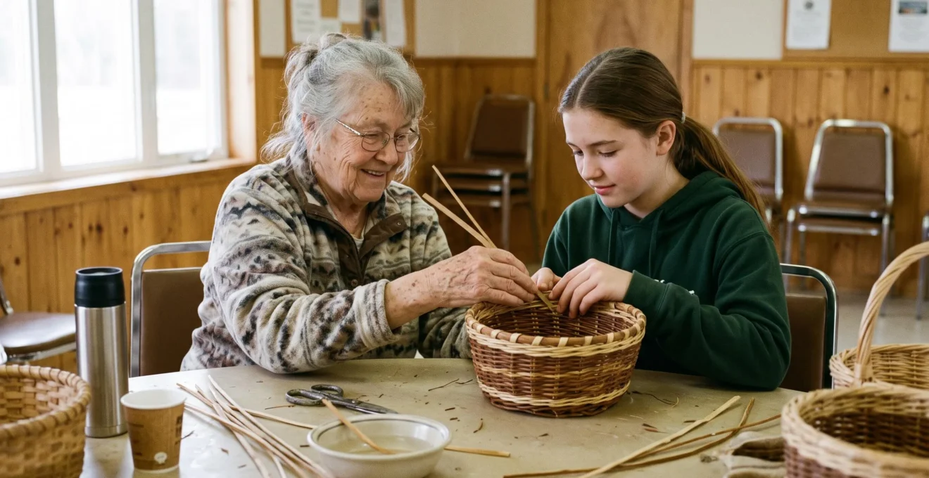 An elderly woman and a teenage girl weave a traditional basket together at a table in a community hall.