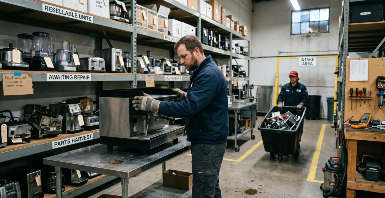 A worker inspects a returned appliance on a sorting table in a take-back workshop, with shelves of graded returned products behind him.