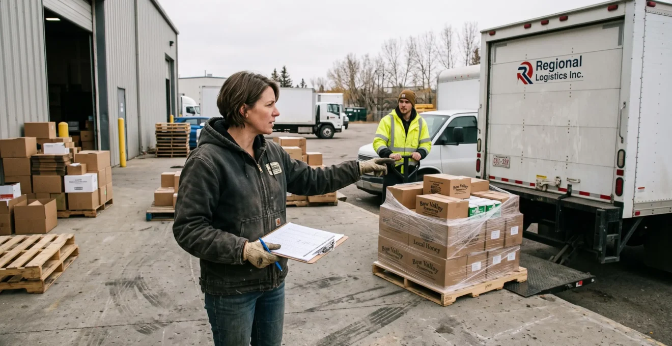 A Canadian business owner reviews a pallet of local goods being loaded onto a delivery truck at a warehouse loading dock.