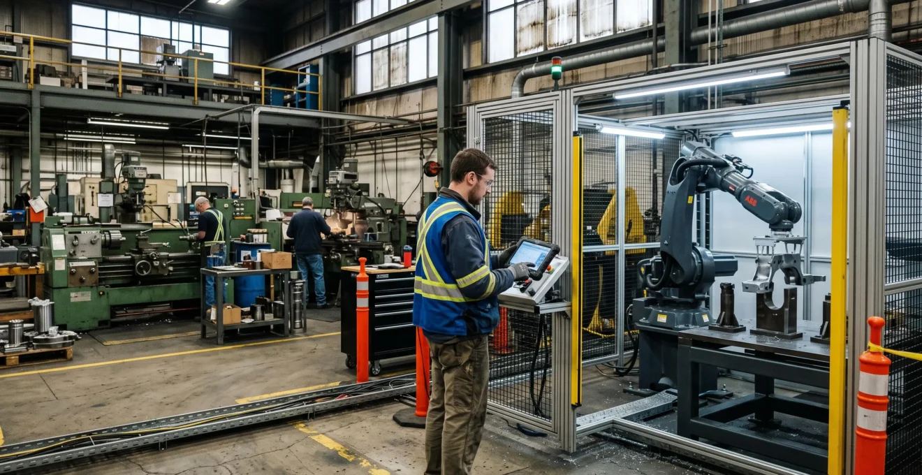 A technician checks the control panel of a newly installed robotic automation cell while older machining equipment operates on an adjacent line in a Canadian manufacturing plant.