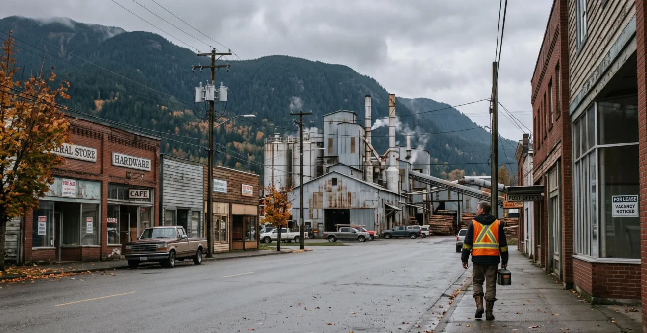 A worker walks along the main street of a small Canadian mill town toward a partially idle lumber mill under an overcast sky.