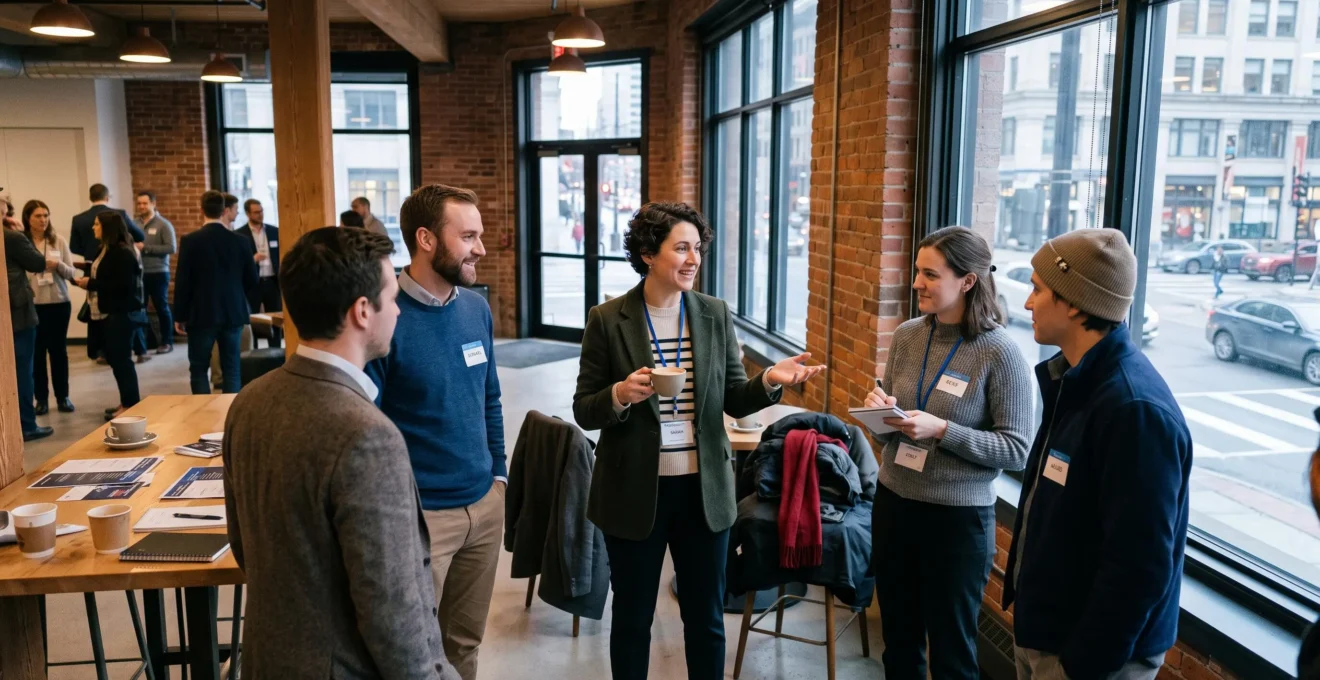 Professionals talking in small groups at an indoor networking event in a Canadian office lounge with large windows.