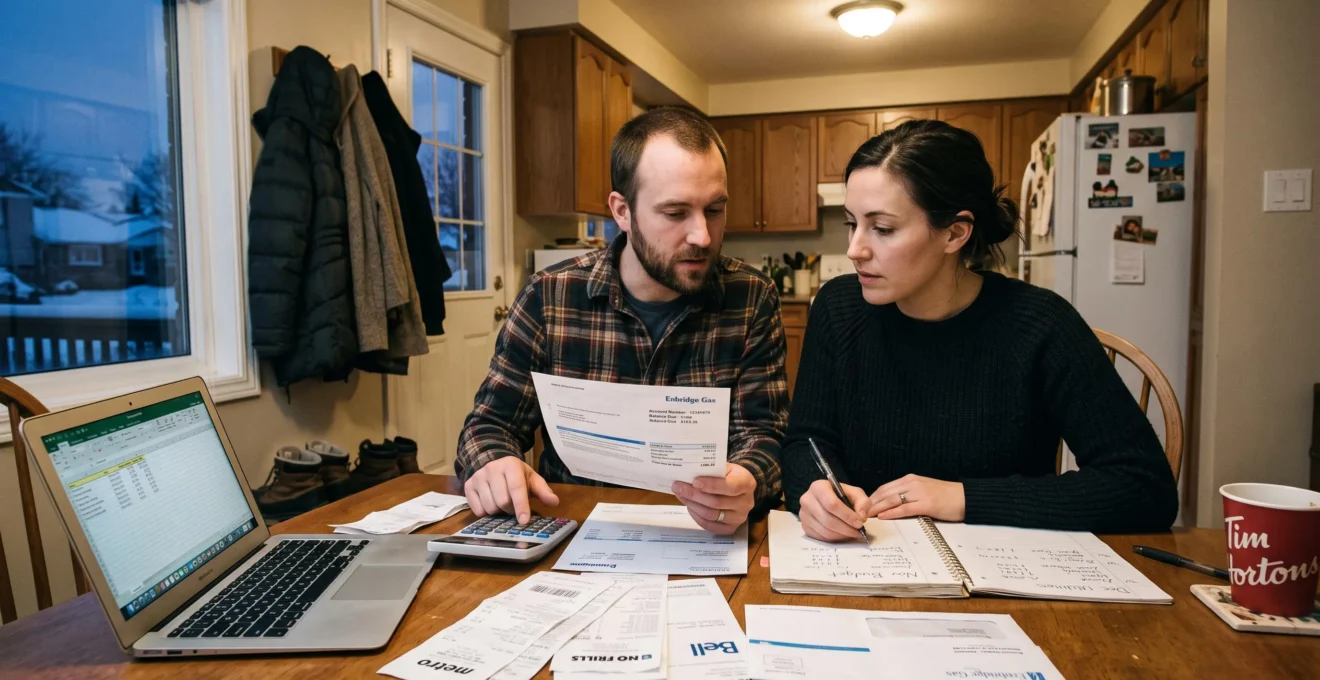 A couple sitting at a kitchen table in a Canadian home, reviewing utility bills and receipts while working on their household budget with a calculator and notebook.