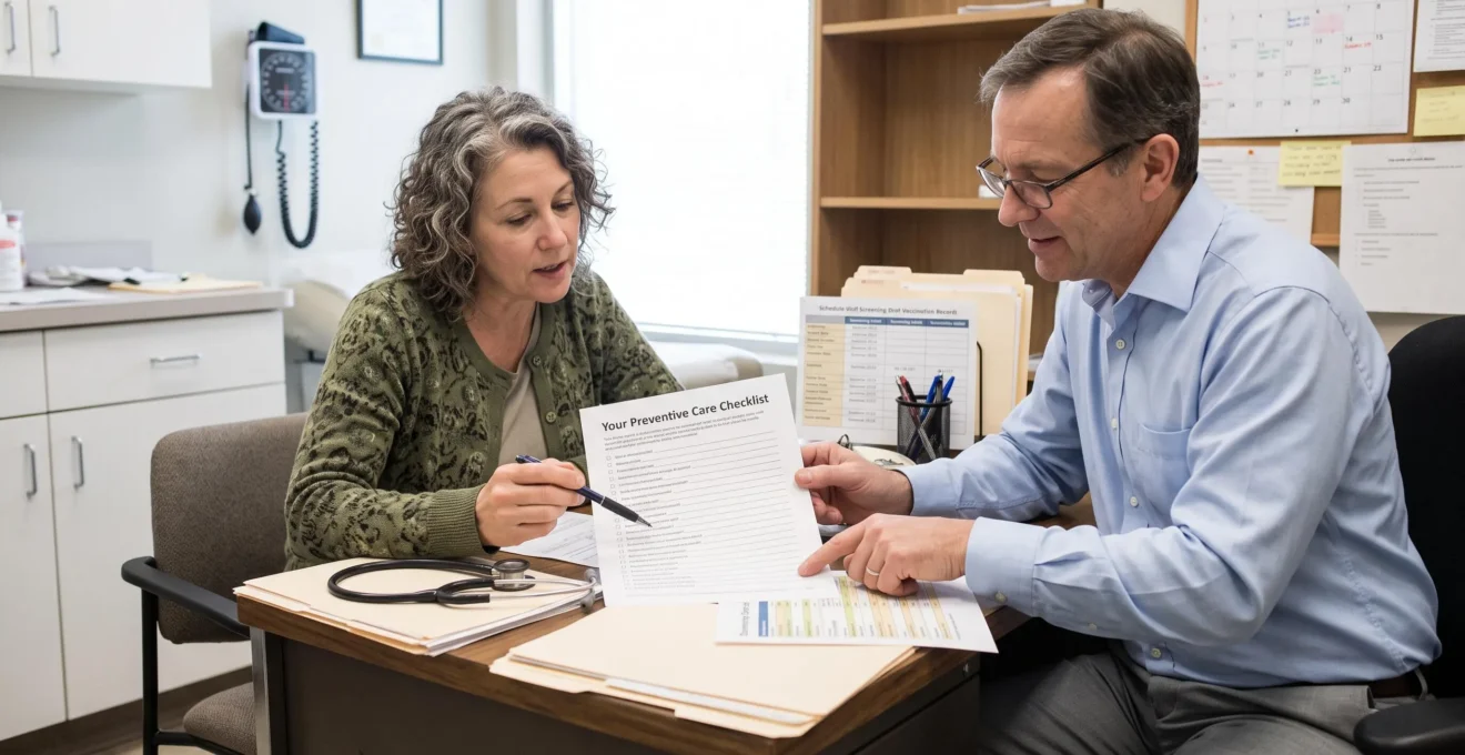A family doctor and an adult patient reviewing a preventive screening checklist together in a Canadian clinic office.