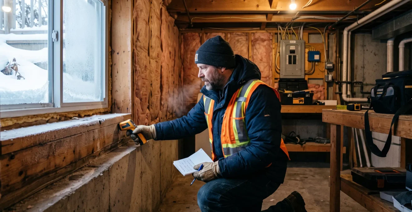 An energy auditor measures the temperature of a basement rim joist with an infrared thermometer during a Canadian winter home assessment.