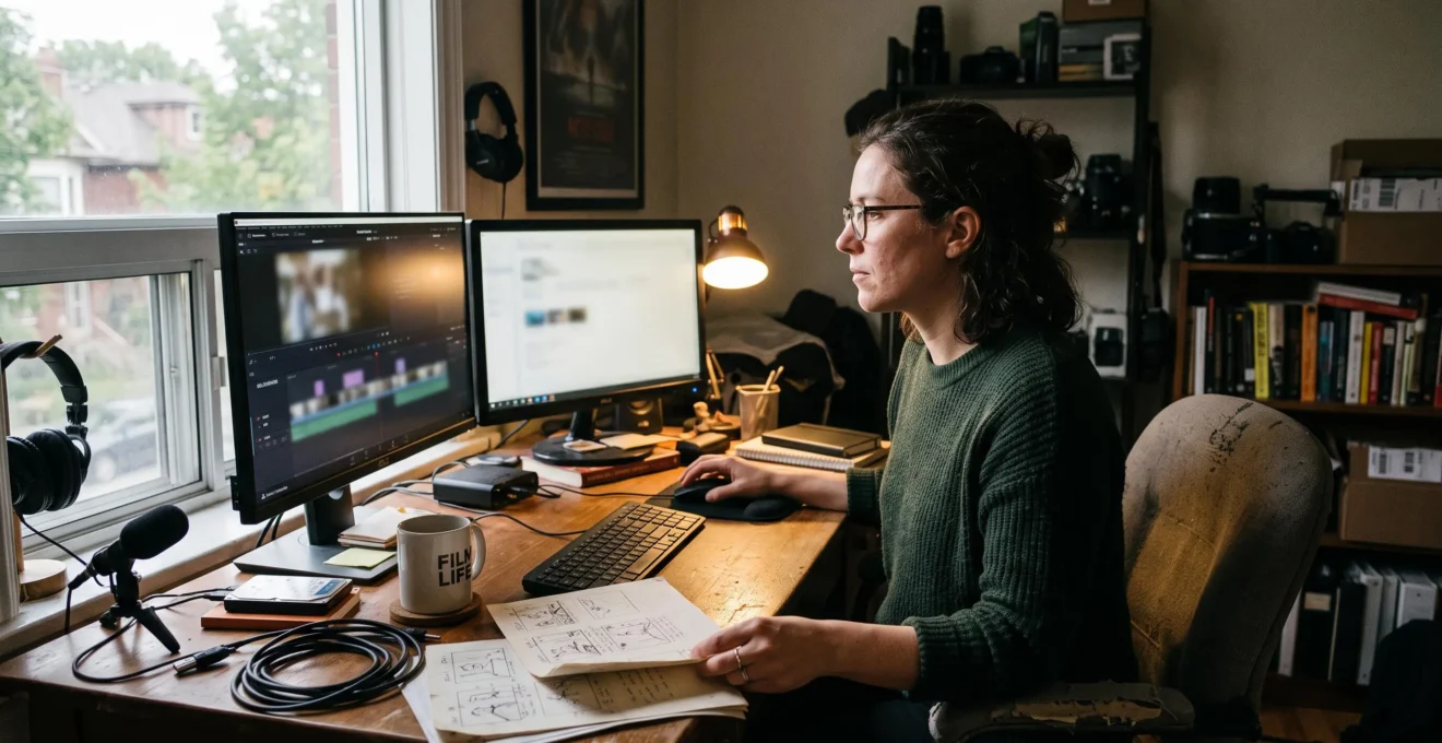 An independent filmmaker exports a short clip from her documentary at a dual-monitor editing workstation in a small home studio.