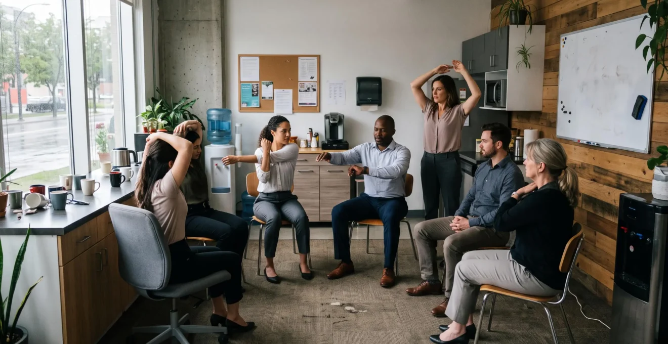 Employees taking part in a guided stretching session during a workplace wellness break in an office common area.