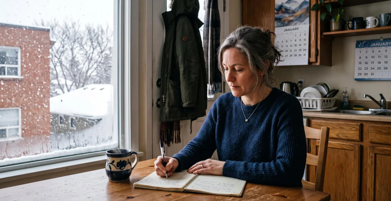 A person writes in a notebook at a kitchen table on a snowy Canadian morning, building a simple daily coping routine during a major life transition.