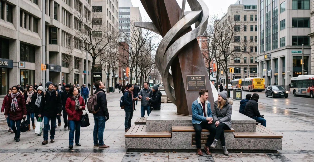 Pedestrians walk past and rest near a large contemporary sculpture in a busy downtown plaza in a Canadian city.