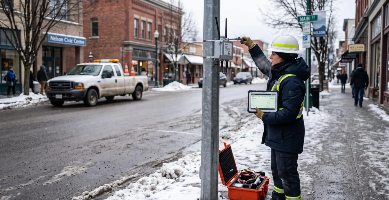 A municipal technician installs a sensor on a lamppost on a snowy Canadian street while checking readings on a handheld tablet.
