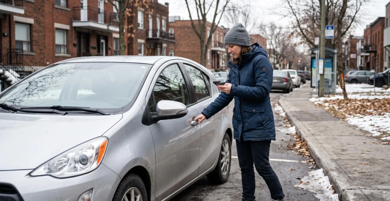 A woman unlocks a shared car parked in a designated bay on a residential street in a Canadian city, using her smartphone in cold weather.