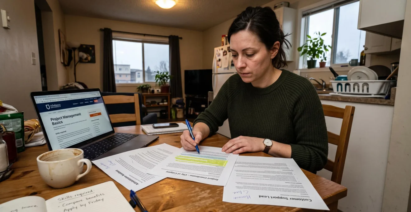 A worker at a kitchen table compares printed job postings with an online course listing on a laptop.